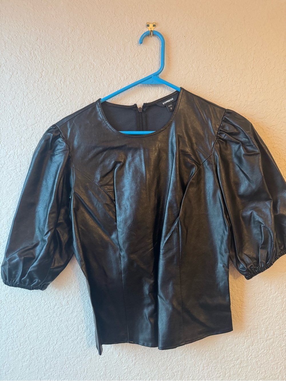Express Black Faux Leather Puff-Sleeve Top